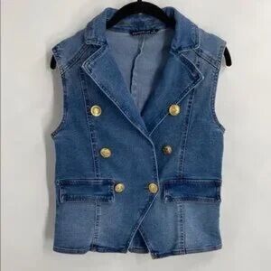 Dictionary Denim Jean Structured Waistcoat Gold Button Up Vest, Medium